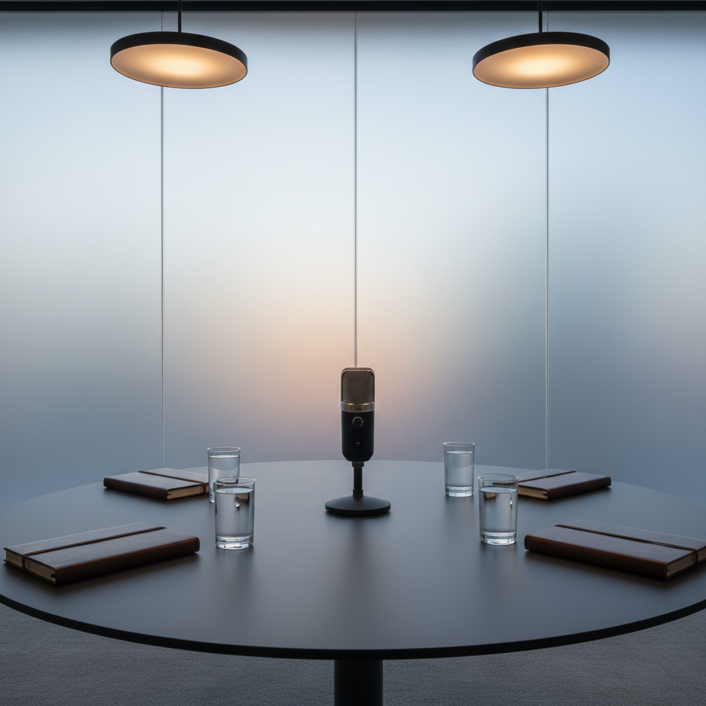 A round, matte charcoal table in a serene meeting room, with a single high-quality studio microphone at the center, surrounded by four closed leather-bound notebooks arranged with precise symmetry. Two glasses of water sit opposite each other, untouched, reflecting the soft overhead pendant lighting. Behind, a frosted glass wall diffuses late-afternoon daylight, creating a subtle gradient of light and shadow. Shot from a slightly elevated angle using the rule of thirds, the microphone becomes the calm focal point, symbolizing intentional speaking and deep listening. The atmosphere is composed, professional and trustworthy, with photographic realism and a modern, sophisticated style in muted neutral tones.