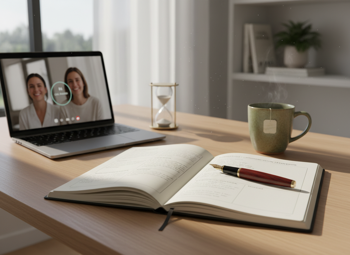 A meticulously organized wooden desk in a quiet, modern home office, featuring an open linen-bound notebook with neatly written speech outlines and a single elegant fountain pen resting across the page. A slim laptop shows a paused video call interface, while a small hourglass and a ceramic cup of herbal tea add subtle texture. Soft morning light filters through a sheer curtain, casting gentle, elongated shadows and a calm glow across the workspace. Photographed at eye level with a shallow depth of field, the notebook is in crisp focus while the background fades into a creamy bokeh. The mood is sophisticated, reflective and focused, evoking preparation for clear, conscious communication. Photographic realism with a clean, minimalist aesthetic.