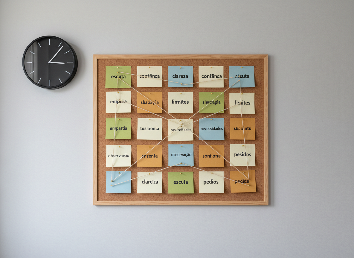 A minimalist cork bulletin board mounted on a light grey wall, filled with a carefully arranged set of index cards and sticky notes in muted tones, each with single words like “escuta”, “clareza”, “confiança” and “limites” neatly written. Thin cotton string connects some notes with small brass pins, forming a subtle network of ideas. A sleek black analog clock with no numbers hangs just above the board’s corner, hinting at the timelessness of good communication. Soft, diffused daylight from an unseen window gently washes the scene, avoiding harsh contrasts. Photographed straight-on with sharp focus, the composition is balanced and calm. The atmosphere is quietly intellectual and organized, suggesting frameworks for non-violent communication and conflict navigation, rendered in refined photographic realism.