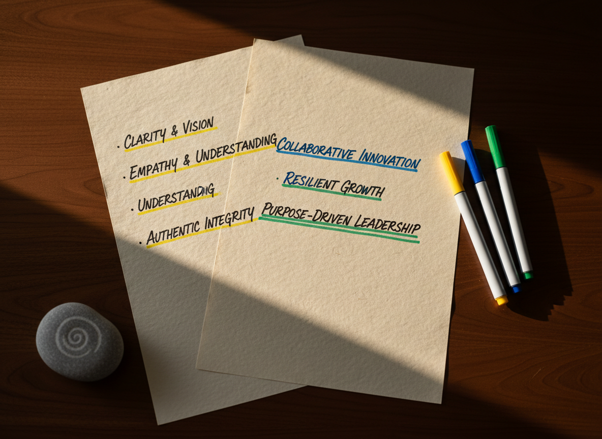 A close-up of two overlapping sheets of creamy, textured paper on a walnut table, each covered in neatly highlighted phrases representing values like clarity, empathy and integrity, written in refined handwriting. Beside them, three color-coded fine-tip markers are aligned with deliberate precision, and a small, smooth river stone engraved with a subtle spiral motif rests at the corner as a grounding element. Warm golden hour sunlight enters from the side, creating soft contrast and delicate shadows that emphasize the paper’s texture. Captured from an overhead, flat-lay perspective with sharp focus throughout, the composition feels intentional and meditative. The mood is introspective, encouraging thoughtful communication and value-based leadership, expressed through clean, photographic realism.