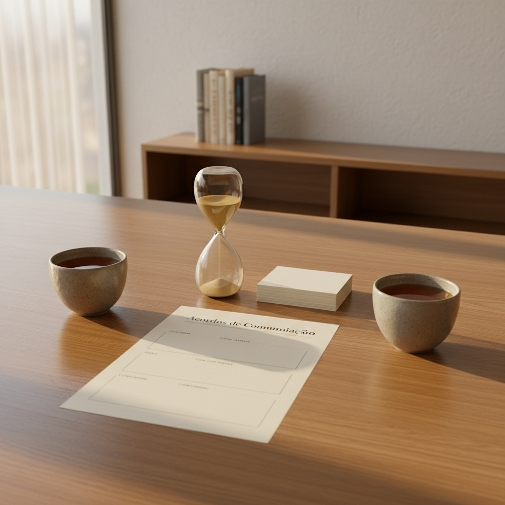 A sophisticated conflict-resolution workspace on a wide oak table, featuring two identical ceramic cups of tea, placed equidistant on either side of a central sand timer and a small stack of blank white cards. Between the cups lies a single sheet titled “Acordos de Comunicação” printed in a clean serif font, with space for shared notes. In the background, a low bookshelf holds a few carefully chosen communication and leadership books, their spines in soft, neutral colors. Late-afternoon natural light streams in from the left, creating a warm, inviting glow and soft reflections on the ceramic surfaces. Shot at a slightly low angle, the central items are framed with shallow depth of field. The mood is hopeful, balanced and constructive, highlighting tools for managing conflicts with integrity, in a realistic, modern photographic style.